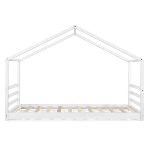 [en.casa]® Børneseng "Hus" med lamelbund - 200x90cm - fyrretræ - hvid (matt)