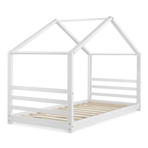 [en.casa]® Børneseng "Hus" inkl. antiallergisk madras - 200x140cm - fyrretræ - hvid (matt)