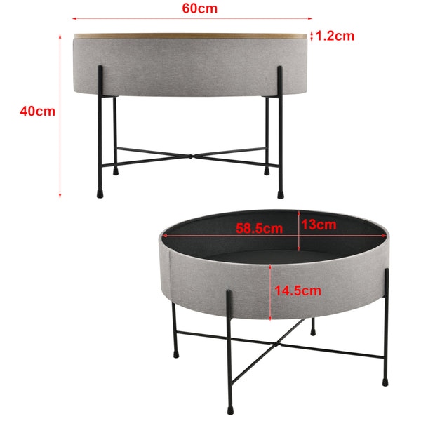 [en.casa] Sofabord med opbevaringsplads - tekstil/spånplade/metal - 40xØ60cm - træ optik/grå/sort