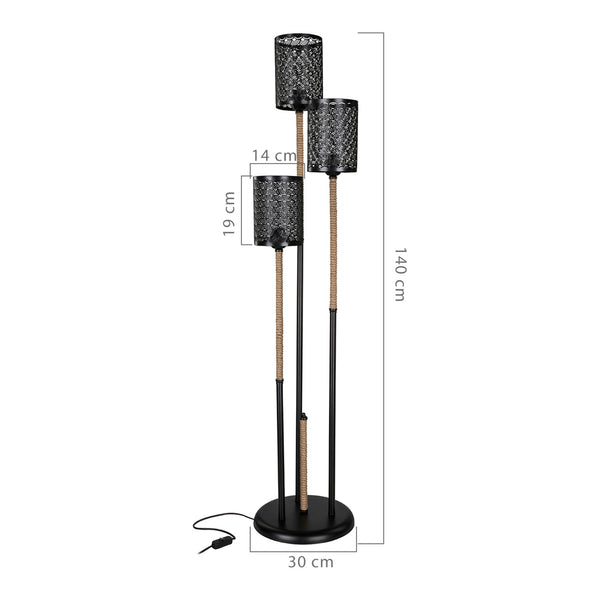 Gulvlampe Exeter 3xE27 metal jute reb sort / jute farver [lux.pro].