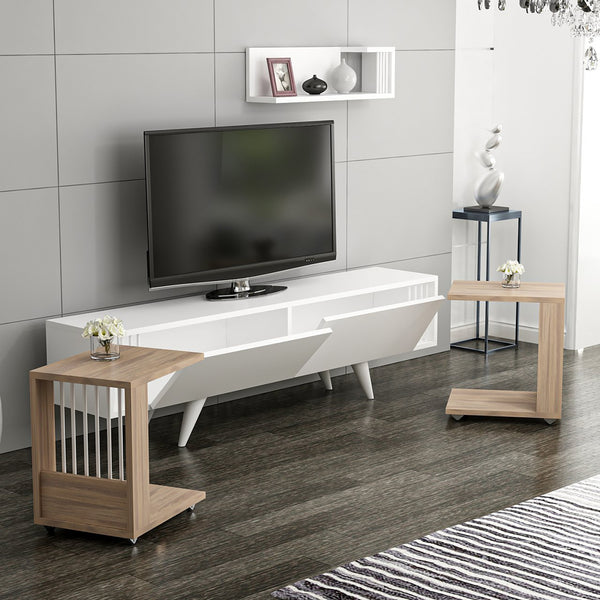 TV-bord med hylde og 2 sideborde Glostrup egetræslook/hvid [en.casa]