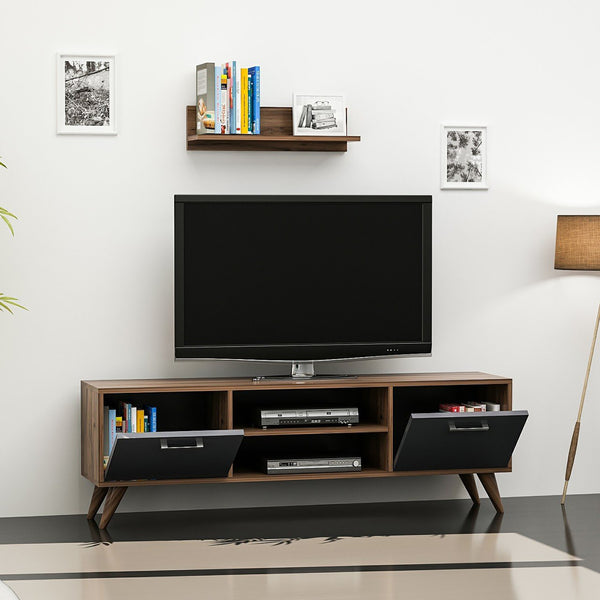 Tv-bord med væghylde Haderslev valnøddelook / antracit [en.casa].