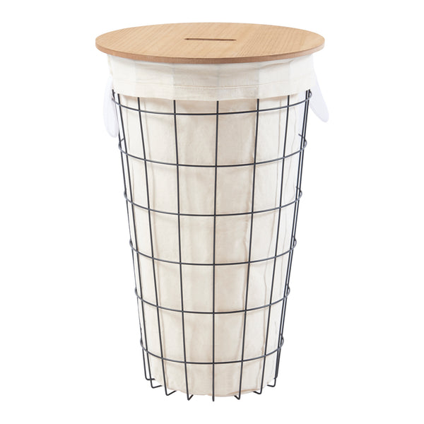 Vasketøjskurv Skive med vasketøjspose 40 L metal sort [en.casa]