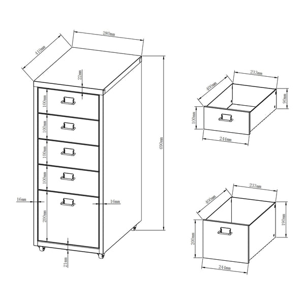 Kökar mobil piedestal med 5 skuffer 69x28x41 cm [en.casa].