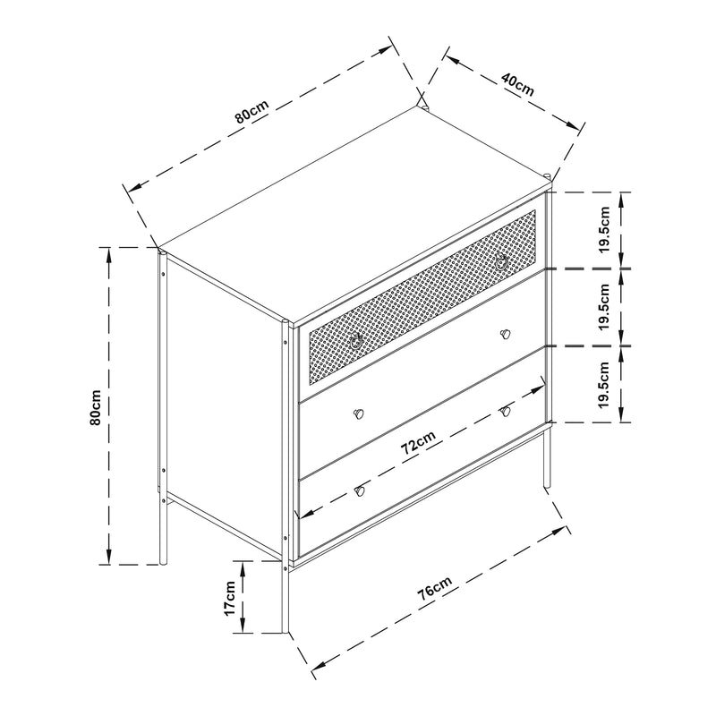 Målskitse Kommode Tysnes med 3 skuffer 80x80x40 cm Eg/Svart [en.casa]