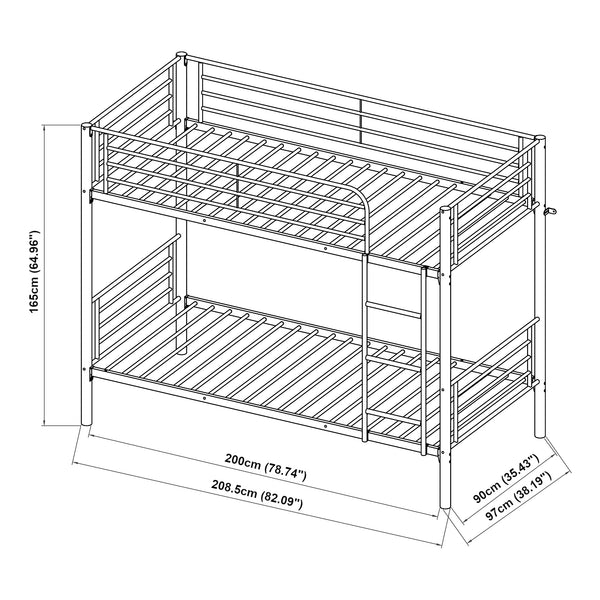 Metall-etageseng Soppsar med 2 madrasser 200x90 cm sølv [en.casa]
