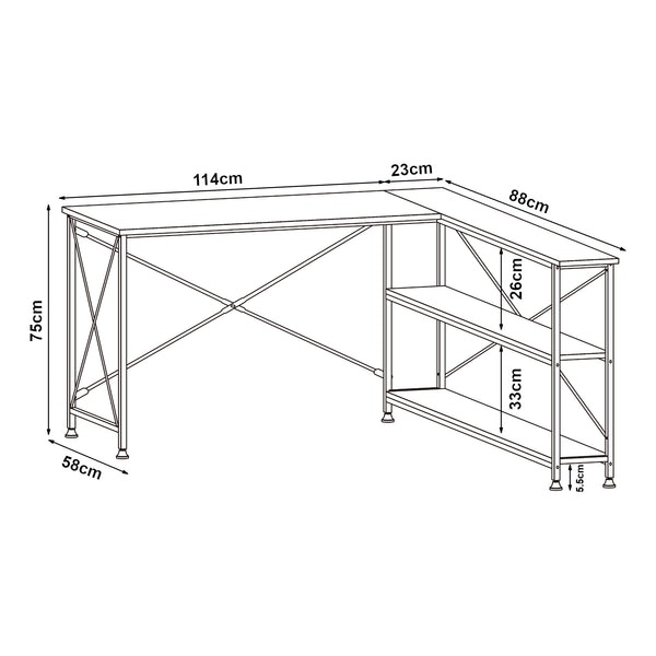 Skrivebord Raundsvalt med 1 hylde L-formet 137x88x75 cm sort [en.casa]