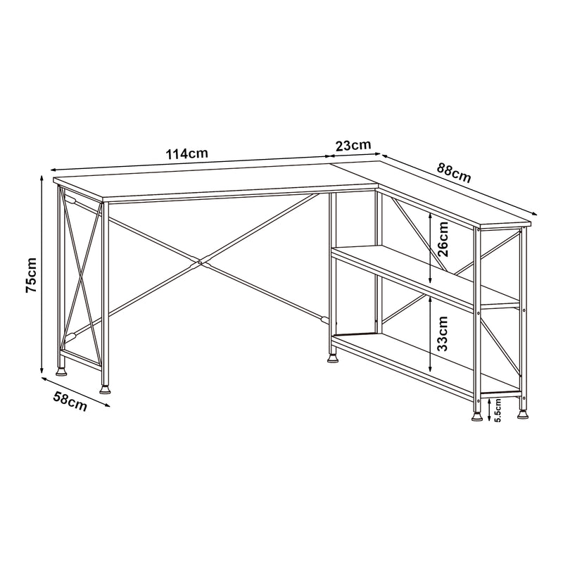 Målskitse Skrivebord Raundsvalt med 1 hylde L-formet 137x88x75 cm sort [en.casa]