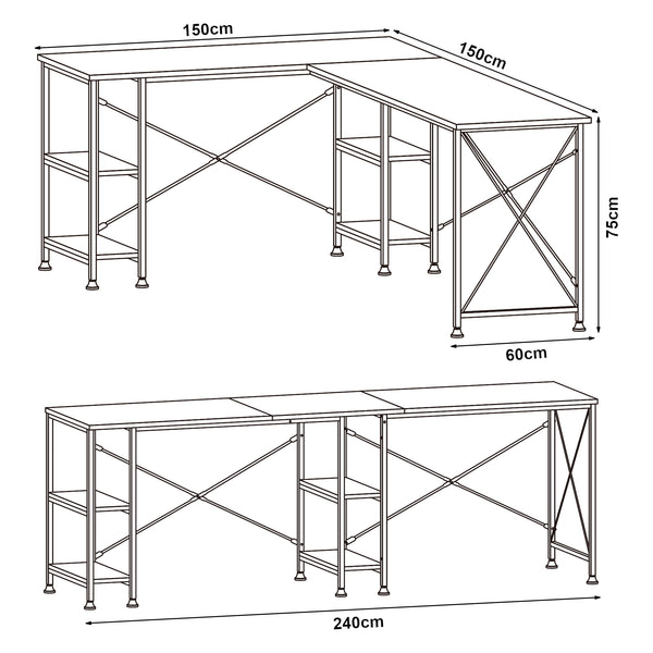 Skrivebord Klirurud med 2 hylder L-formet 150x150x75 cm eg [en.casa]