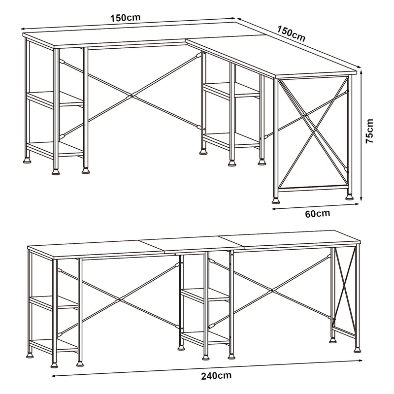 Målskitse Skrivebord Klirurud med 2 hylder L-formet 150x150x75 cm eg [en.casa]