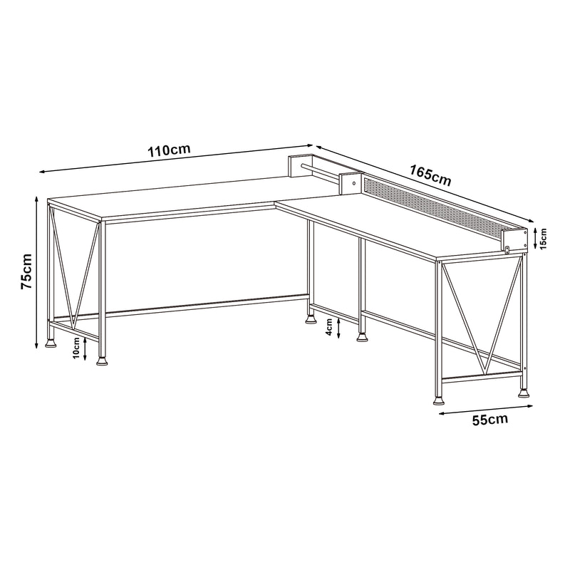 Målskitse Skrivebord Frelvepirg med bagplade L-formet 165x110x75 cm valnød [en.casa]