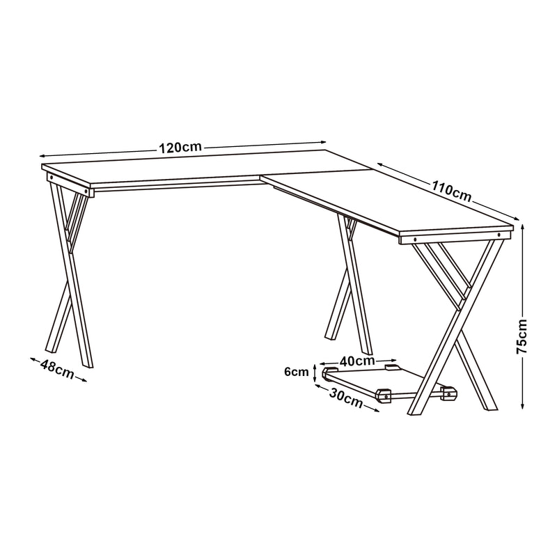 Målskitse Skrivebord Tarielarg med L-formet pc-stativ 158x120x75 cm eg [en.casa]