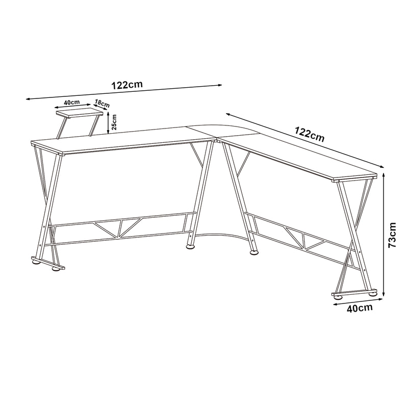 Målskitse Yremso L-formet skrivebord 122x122x98 cm sort [en.casa]
