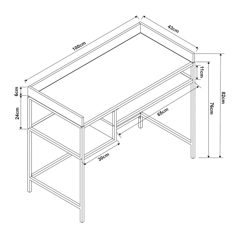 Målskitse Skrivebord Belana 100x43x82 cm sort/eg-look [en.casa]