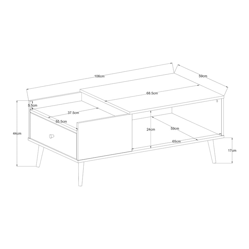 Målskitse Sofabord Hallevil med skuffe 106x59x44 cm lysegrå [en.casa]