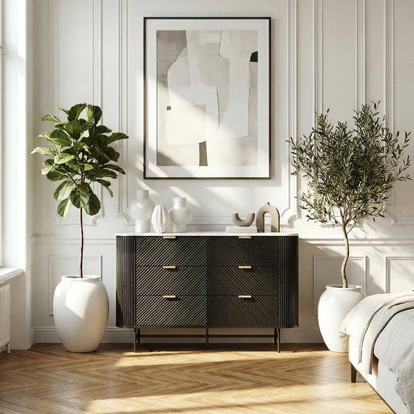 Kommode Olvehok 120x40x81 cm Sort/Marmorlook, hvid [en.casa]
