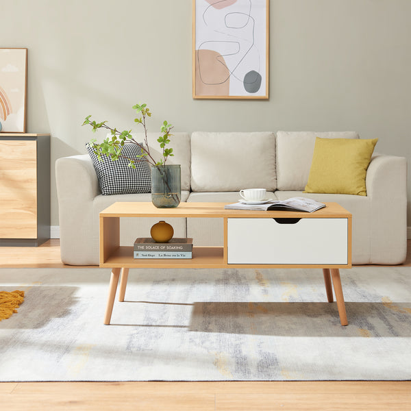 Sofabord Bordkak med skuffe 100x48x45 cm egetræslook/hvid [en.casa]