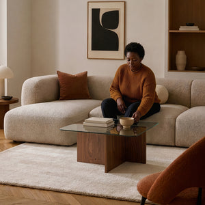 Sofabord Benexjö med glasplade 70x70x36 cm valnødlook/grå [en.casa]