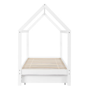 [en.casa]® Børneseng "Hus" med opbevaring - 2 skuffer - 206x98x150cm - fyrretræ - hvid (matt)