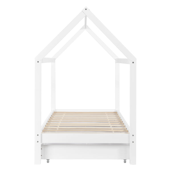 [en.casa]® Børneseng "Hus" med opbevaring - 2 skuffer - 206x98x150cm - fyrretræ - hvid (matt)