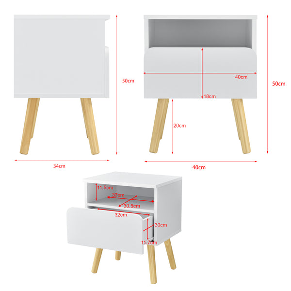 [en.casa]® Sengebord Mihle med skuffe - 50x40x34cm - spånplade/fyrretræ - hvid