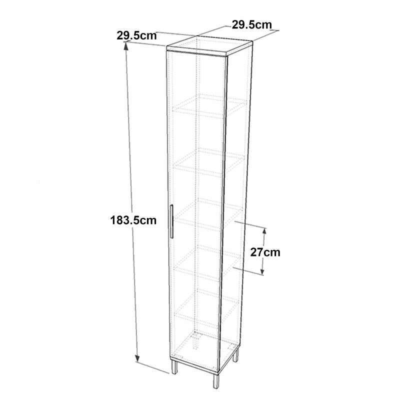 Målskitse Lieto højskab med 6 opbevaringsrum 183,5 x 29,5 x 29,5 cm grå eg [en.casa].