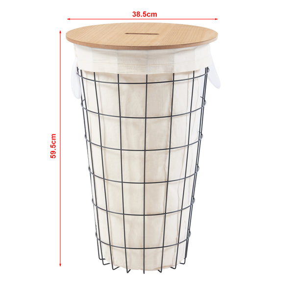 Vasketøjskurv Skive med vasketøjspose 40 L metal sort [en.casa]