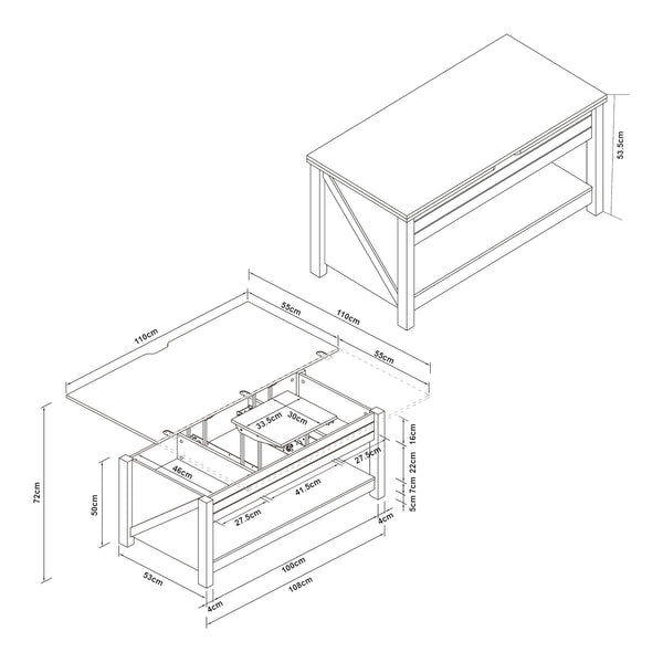 Kasama sofabord med løfteplade og opbevaringsplads 110x55x54 cm valnøddelook/hvid [en.casa]