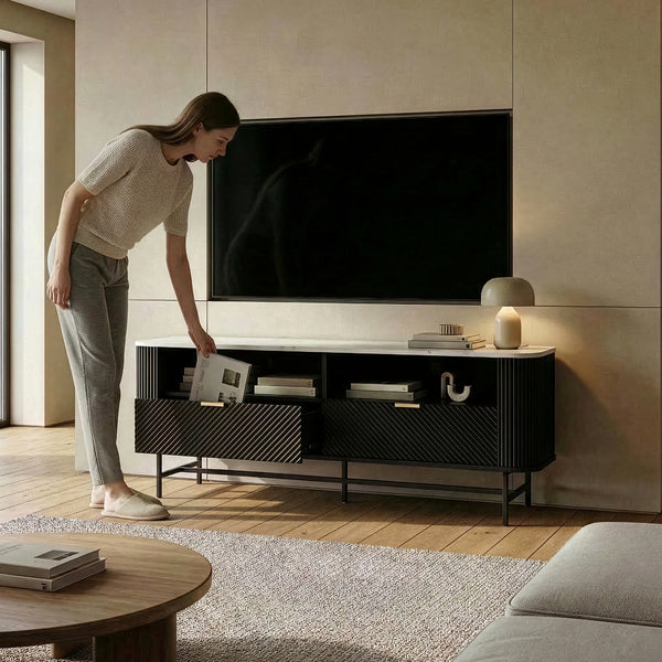 TV-Lowboard Olvehok 140x40x55 cm Sort/Marmorlook, hvid [en.casa]