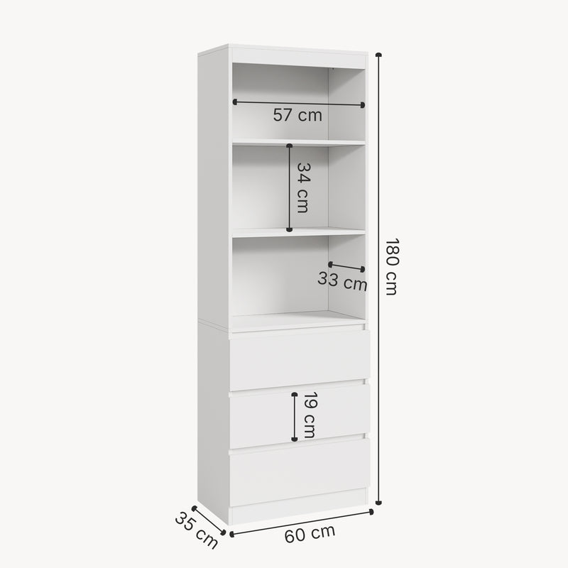 Målskitse Les reol med 3 skuffer 180x60x35 cm Hvid [en.casa]