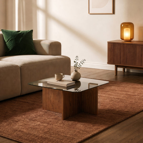 Sofabord Benexjö med glasplade 70x70x36 cm valnødlook/grå [en.casa]