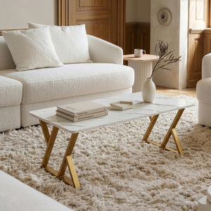 Sofabord Nolu 120x60x46 cm Guldfarvet/Marmorlook, hvid [en.casa]