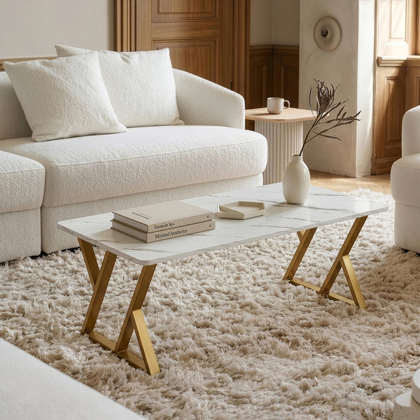 Sofabord Nolu 120x60x46 cm Guldfarvet/Marmorlook, hvid [en.casa]