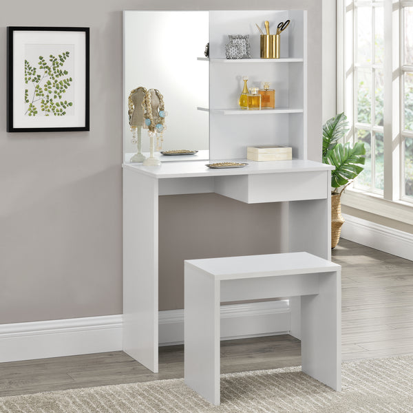[en.casa]® Toiletbord / sminkebord med spejl og stol - 141x75x39,7cm - hvid 