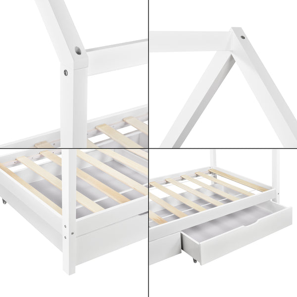 [en.casa]® Børneseng "Hus" med opbevaring - 2 skuffer - 206x98x150cm - fyrretræ - hvid (matt)