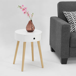 [en.casa] Stabelbart sengebord - sidebord med skuffe - rund - 50x38x38cm - MDF - fyrretræ - hvidlakeret