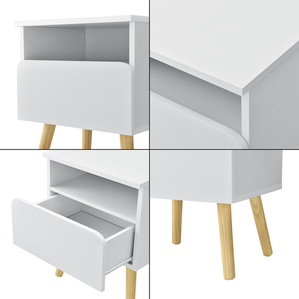 [en.casa]® Sengebord Mihle med skuffe - 50x40x34cm - spånplade/fyrretræ - hvid