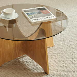 Sofabord 'Omlar' med rund glasplade Ø70 x 35 cm egetræslook / røggrå