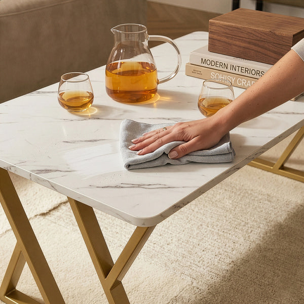 Sofabord Nolu 120x60x46 cm Guldfarvet/Marmorlook, hvid [en.casa]
