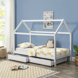 [en.casa]® Børneseng "Hus" med opbevaring - 2 skuffer - 206x98x150cm - fyrretræ - hvid (matt)