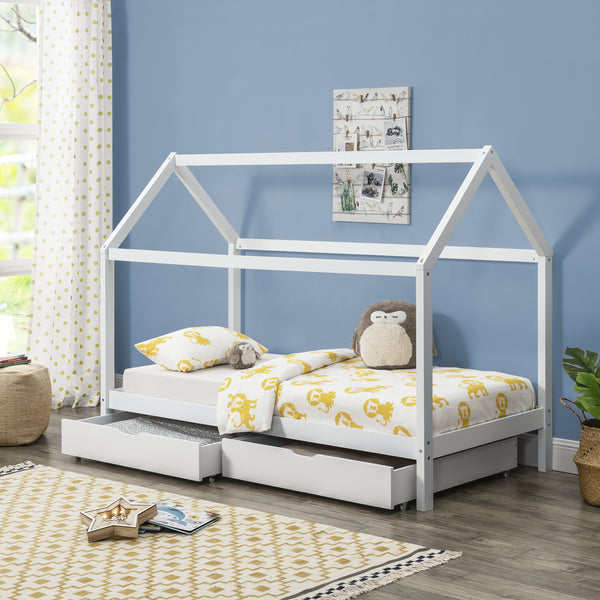[en.casa]® Børneseng "Hus" med opbevaring - 2 skuffer - 206x98x150cm - fyrretræ - hvid (matt)