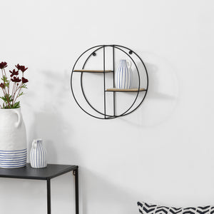 [en.casa] Rund Væghylde - 2 hylder - 35x12x35cm - metal - træ - sort