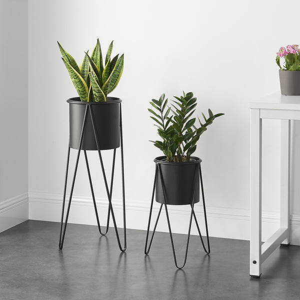 [casa.pro]® Plantestativ sæt - 2 stk. - med indbyggede krukker - 48x25cm - 70,5x32cm - Metal / sort