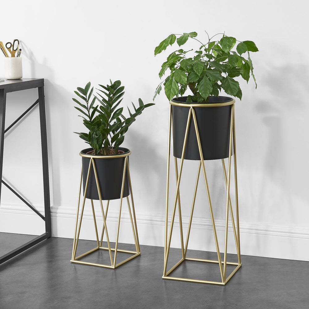 Planteholder Lennik 2-delt sæt metal sort messingfarvet [en.casa] - premiumXL