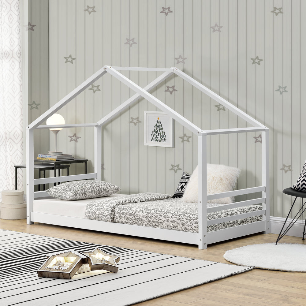 [en.casa]® Børneseng "Hus" med lamelbund - 200x90cm - fyrretræ - hvid (matt)