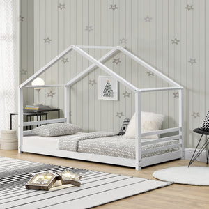 [en.casa]® Børneseng "Hus" med lamelbund - 200x90cm - fyrretræ - hvid (matt)
