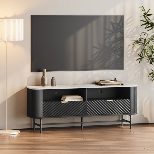 TV-Lowboard Olvehok 140x40x55 cm Sort/Marmorlook, hvid [en.casa]