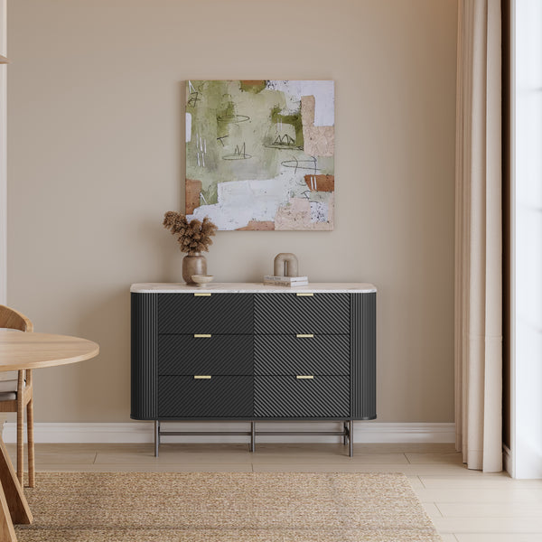 Kommode Olvehok 120x40x81 cm Sort/Marmorlook, hvid [en.casa]