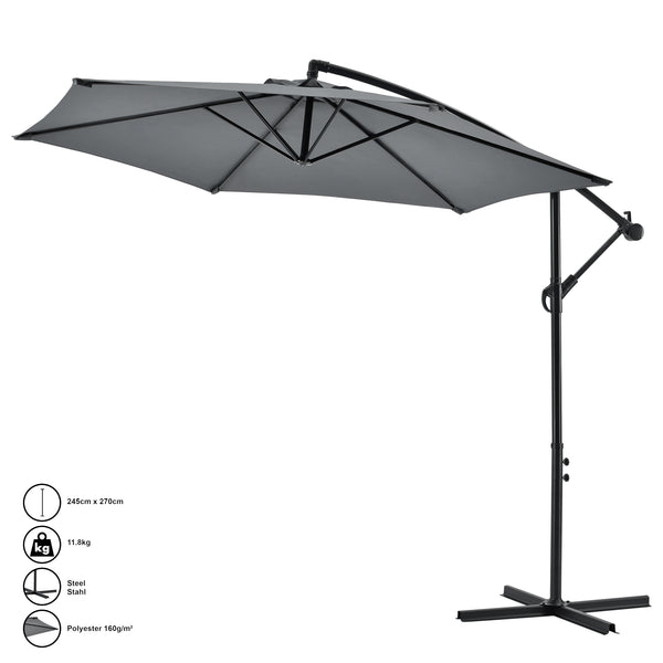 [casa.pro] ® Parasol med fod-diameter 270 cm-stål-polyester-grå-vandafvisende-trinløs skråning 