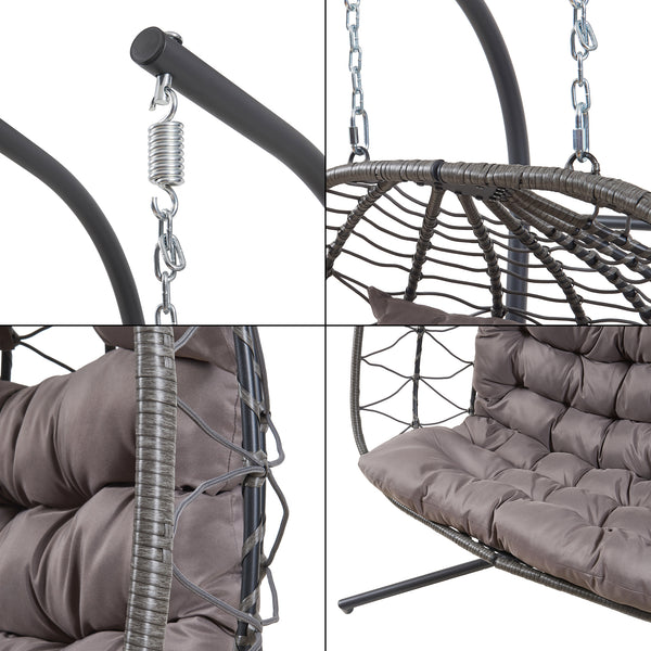 Silla colgante Skense 2 plazas con soporte y cojín 198x156x98cm - Gris [en.casa]